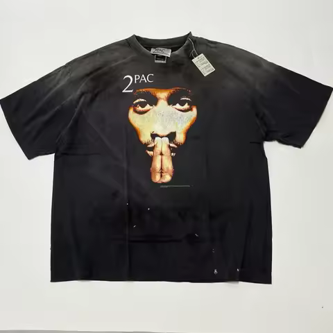 Sainxxxxxx Collaborative 2Pac Hip Hop Album Portrait Print round Neck Short Sleeve Vintage Washed Re