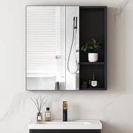 Medicine Cabinet with Mirror, Mirror Cabinet Wall Mounted Space Aluminum Bathroom Storage Cabinet with Side Organizer, 23.8 x 25 inch Vanity Mirror Cabinet, Non-recessed, Matte Dark Gray