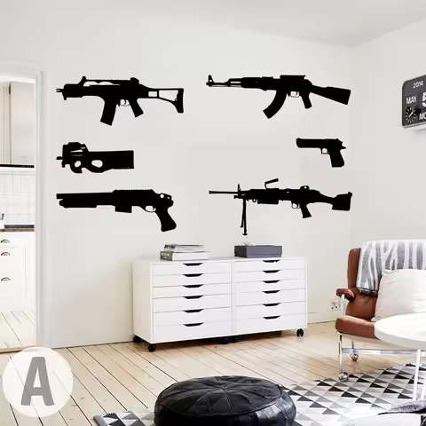 Set Of 6 Guns Wall Decal Kids Room Boy Room Ak 47 Weapon Army Solider Military Wall Sticker Bedroom 