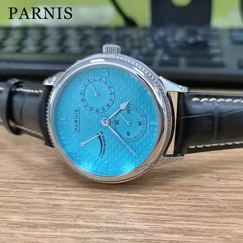 Parnis 42mm Silver Case Blue Dial Automatic Mechanical Men's Watch Power Reserve Calendar Sports Men