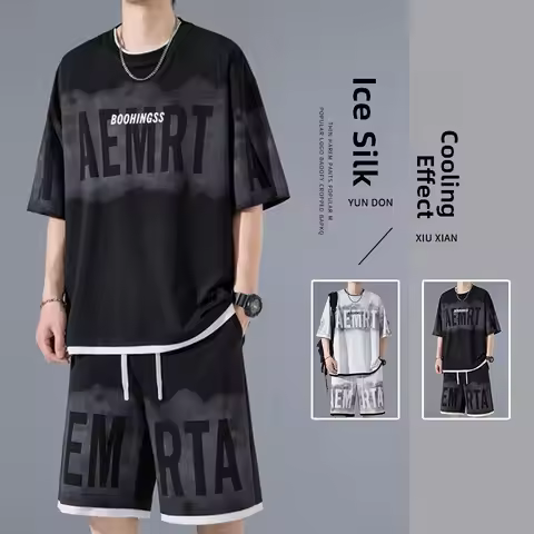 Mr. WH Ice Silk Short Sleeve Set Men Summer Sportswear Letter Print T-Shirt Shorts Two Piece Set Tre