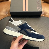 PFYF zegna Men's Genuine Leather Thick-Soled Slip-On Running Shoes 2025 New Style Round Toe Stitchin