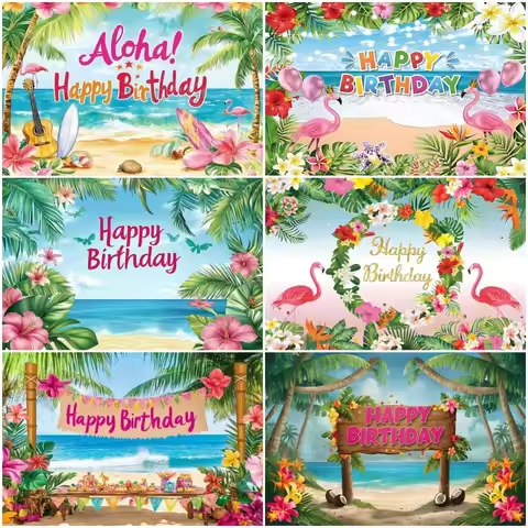 Hawaii Beach Theme Birthday Party Supplies Banner Summer Tropical Seaside Flowers Aloha Trees Backdr