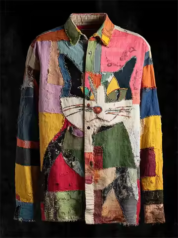Retro 3D Cat Piano Printed Men's Linen Long Sleeve Button Shirt Retro Clothing Casual Retro Style To