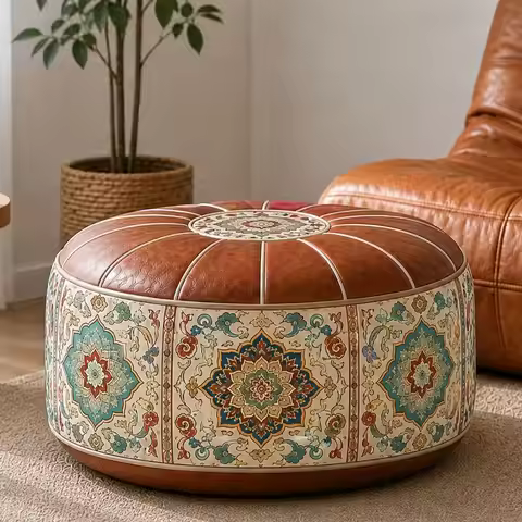 New PU Leather Ottoman Pouf Foldable Boho Pattern Storage Ottoman Fillable Round Shape Round Pouf Co