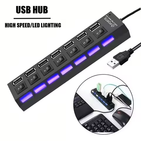 USB 2.0 Hub Multi USB Splitter Hub With ON/OFF USB Power Adapter 7 Port Multiple USB Switch Expander