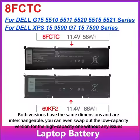 11.4V 56WH 8FCTC Battery For DELL G15 5510 5511 5520 5515 5521 Series For DELL XPS 15 9500 G7 15 750