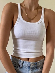 Casual White Sleeveless Cotton Cami Top Women Fashion Ribbed Crop Top Tees Ladies Basic Fitness Camisole Summer