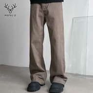 Hanlu กางเกงวอมชาย กางเกงยีนส์จับคู่ได้ทุกชุดเทรนด์สตรีทอเมริกาแบบย้อนยุคกางเกงสำหรับผู้ชายแบบตรงกางเกงลำลองทรงหลวมๆ