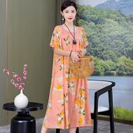 Middle-aged Fashionable Mother Cotton Silk Dress For Women In Summer Posing Artificial Cotton Long S