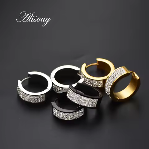 Alisouy 1 Pair Punk Men Women Stainless Steel Hoop Earrings With Crystal CZ Gold color Round Hoop Hu