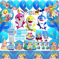 【 Spot 】 Shark Baby's birthday party decorations include a Happy Birthday banner, cupcake hat, tablecloth, cutlery set, napkins, gift bags, birthday hat, blowing, straws, aluminum
