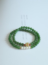 6mm天然和田玉 /和闐玉-碧玉. 銀鑲和田玉並蒂蓮設計多圈手串