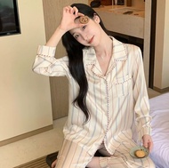 ชุดนอน "Soft Cream Striped Pajamas - Her" (premium silk satin)