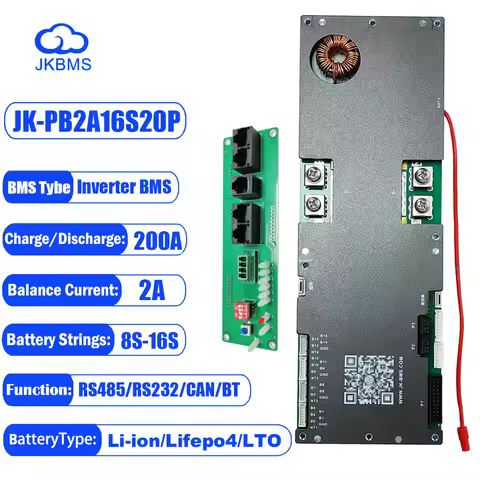 JK Inverter BMS 16S 48V lifepo4 PB-2A16S20P 1A 2A Active Balance 8S 16S 100A 150A 200A 24V CAN RS485