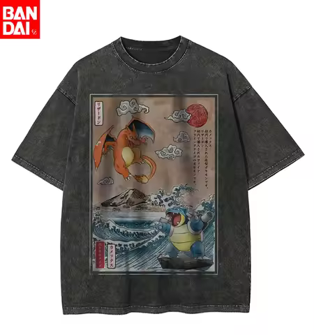 Pokemon The Starters Abbey Road Parody T Shirt Men 2026 Summer Vintage Acid Wash Oversized Tee Anime