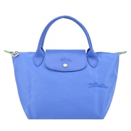LONGCHAMP LE PLIAGE GREEN系列刺繡短把再生尼龍摺疊水餃包(小/失車菊藍)/平行輸入