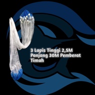Ready-to-use fishing net 3 layers height 2.5m 30m tin inner net 13/ 4in 020mm outer net 5in 02.8mm