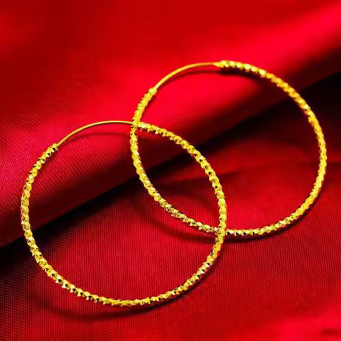 Large Round Hoop Earrings Women's 24K Gold AU999 - Sleek plain hoops, face-framing round, 24K textur