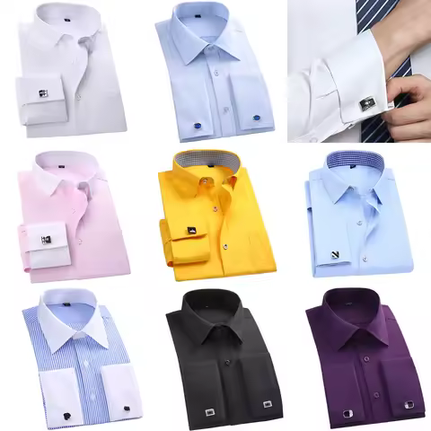 French Cuff Dress Shirt Men's Long Sleeve Business Formal Party Wedding Tuxedo Double Cuff French Cu