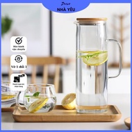 Glass water bottle with handle, simple glass water bottle with wooden lid