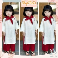 Ao dai Set CNY for girls CS686, modern white buttoned ao dai Set covered with red silk pants and sca
