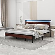 Tuconia Metal Platform King Size Bed Frame with LED Lights USB Ports &amp; AC Outlets Storage Headboard No Box Spring Needed Mahogany