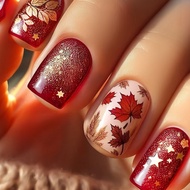 24 Pieces Chinese Square Nails Maple Leaf Wheat Ears Star Design Wearing Nails Red Simple Fake Nails