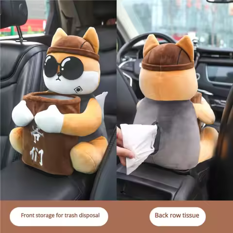 Cartoon car mounted 2-in-1 tissue box garbage bin car armrest hanging garbage bin plush car interior