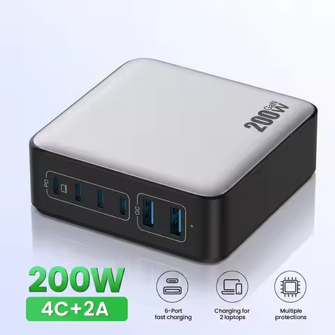 200W GaN Charger PD Fast Charging USB Type C Charger 200W 6 in 1 USBC Power Station For iPhone 16 15