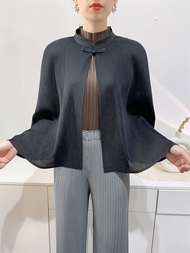 เสื้อคาร์ดิแกนป้องกัน Ddos ของผู้หญิงผ้าคลุมไหล่จับจีบคอเต่าครึ่งช่อง # S-755