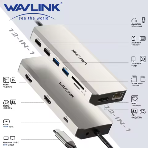 WAVLINK USB C Hub Triple Monitor 12-in-1 Laptop Docking Station Multiport Adapter With Dual 4K HDMI 