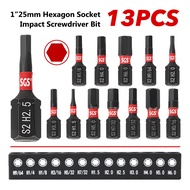 13-Piece S2 Steel Strong Magnetic Hex Head Impact Screwdriver Bit Set (H1/4/H1/8/H9/64) 25mm High Ha