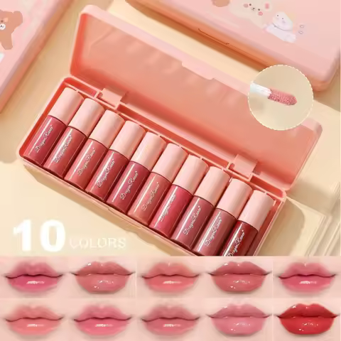 Mini 10 Colors Liquid Lip Gloss Waterproof Non-stick 24 Hours Long Lasting Mirror Lipstick Set Lip G