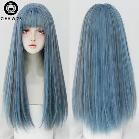 7JHH WIGS Long Straight Wigs With Bang For Women Omber Blue Synthetic Crochet Hair African American 