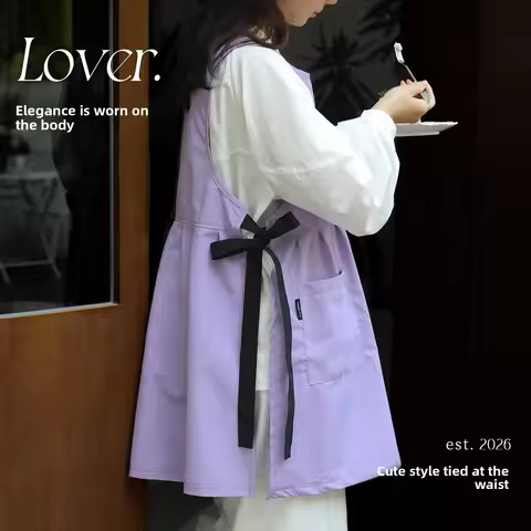 Waterproof Apron Kitchen Household Cooking Round Neck Loose Floral Art Home Cover Milk Tea Barista N