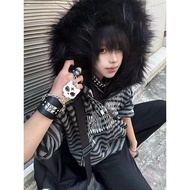 Asian Culture Printed Hoodie Striped Jacket Sweatshirt Spring Autumn y2k Female Fur Collar Loose Not