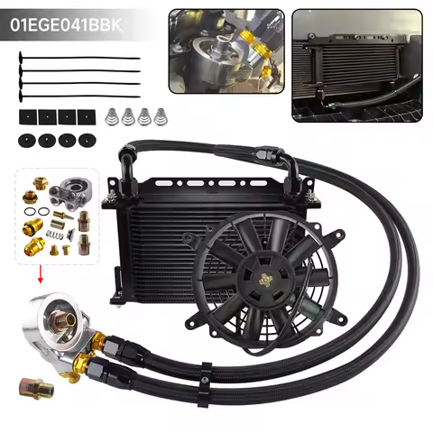 Universal 22 Row Oil Cooler 80 °C Thermostat Adapter M20x1.5+7'' Electric Fan 10AN Filter Silver/Bla