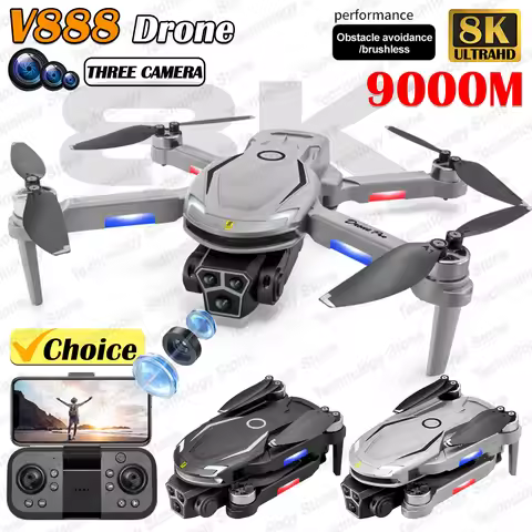 New V888 Brushless Drone 8K Professional HD Triple Camera Obstacle Avoidance No GPS Optical Flow Pos