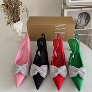 ZARA New French Elegant High Heel Shoes with Pointed Toe and Shallow Mouth Bow Decorated with Water Brick Back Tie, Exposed Heel Wrapped Sandals for Women