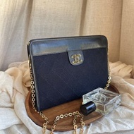 Vintage Chanel 中古香奈兒深藍菱格布面拼皮手拿包斜背包