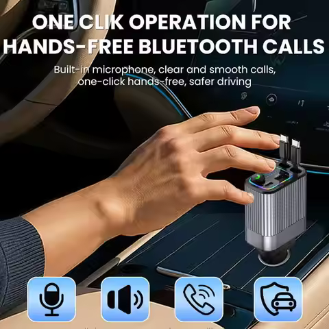 4In1 120W Car Charger Bluetooth FM Transmitter USB Type C Fast Charging Adapter With USB C Retractab