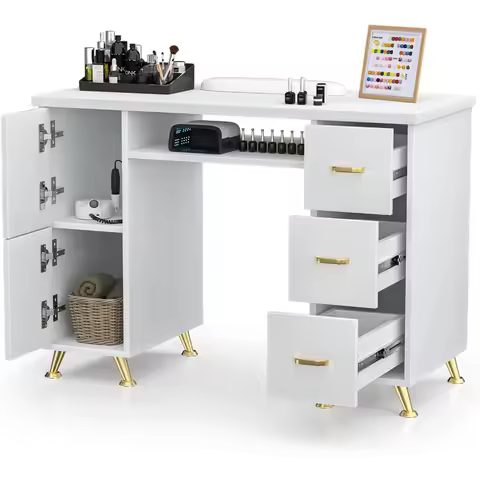 Nail Tech Desk with Storage,Acetone-Resistant Manicure Table,Nail Table Beauty Salon Tech Station,3 