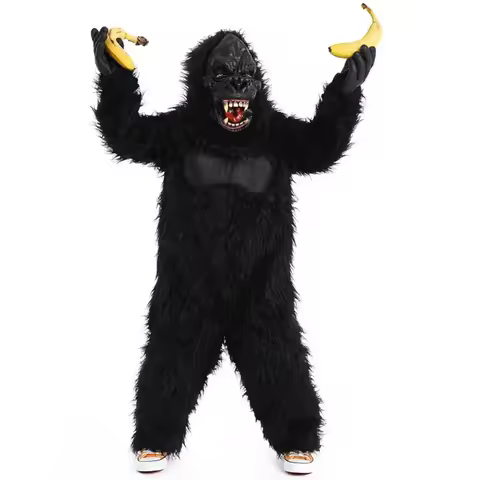 Kids Gorilla Costume Unisex Deluxe Onesie Suit Black Furry Gorilla Animal Jumpsuit for Halloween Car