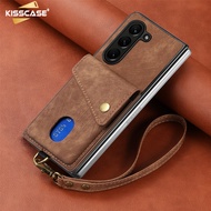 KISSCASE เคสโทรศัพท์มีที่ยึดผู้ถือบัตรวินเทจแข็งสำหรับ Samsung Galaxy Z Fold 5 4 3 5G เคสที่มีสายรัดข้อมือและกระเป๋าใส่บัตรสำหรับ Fold5 Samsung Z Fold4 Fold3หนัง PU ฝาครอบกันกระแทก