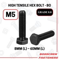 HT Grade 8.8 Hex Bolt M5 X (8MM ~ 60MM) Black Oxide (Skru Segi Enam Hitam) (Coarse Thread/Benang Kas