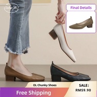 Miss Cinderella-Ladies Leather Shoes Chunky Low Heels Thick Heels  Kasut Tinggi