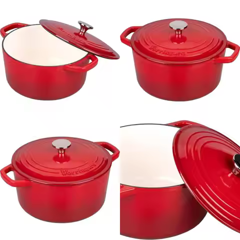 Round Enamel Cast Iron Dutch Oven Pot with Lid, 4.5 QT, Red, for Bread Baking including Sourdough Br