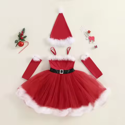 Tregren Kids Little Girls Christmas Outfit Fuzzy Trim Spaghetti Strap Tulle Dress + Santa Claus Hat 