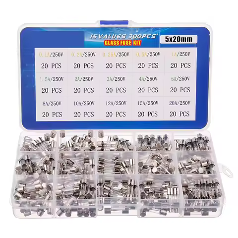 300pcs Fast-Blow Glass Fuses Assortment Kit 5x20mm 250V 0.1 0.2 0.25 0.5 1 1.5 2 3 4 5 8 10 12 15 20